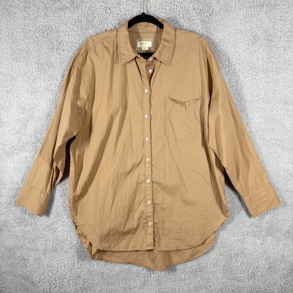 Maeve Anthropologie Bennet Buttondown Shirt Size L Tan Cotton Oversized Long Slv - Picture 2 of 8